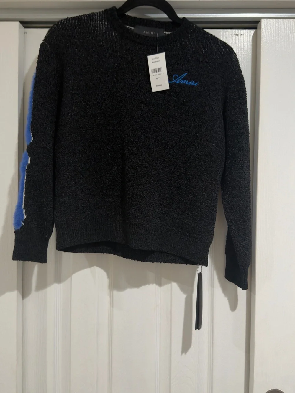 AMIRI Black Crewneck Sweater with Blue Sleeve Accents